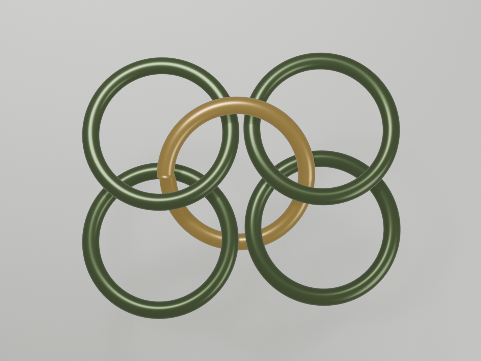 Yksi avoin kultainen rengas pujotettuna neljän suljetun sage-renkaan läpi, ensimmäinen European 4-in-1 -yksikkö muodostumassa