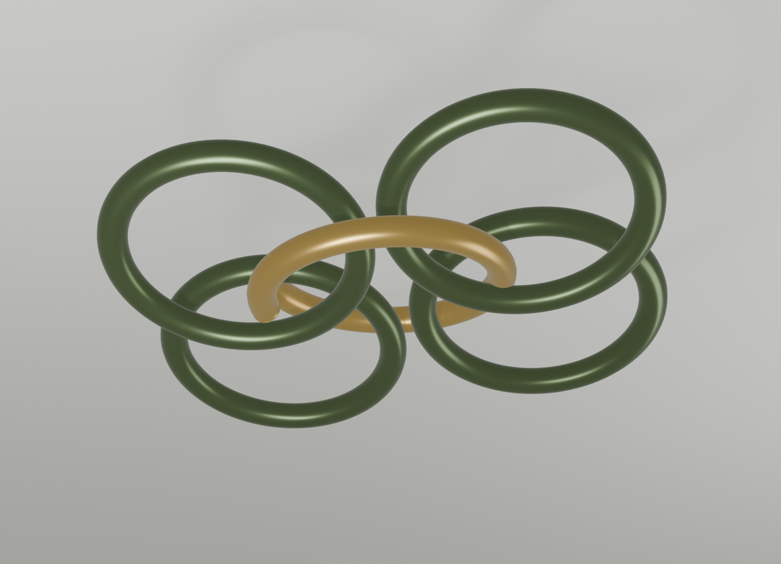 One open gold ring threading through four closed sage rings, forming the first European 4-in-1 unit