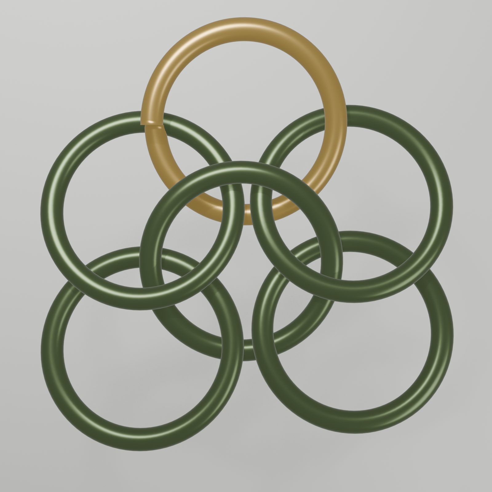 One open gold ring threaded through two closed sage rings at the end of the first unit, about to become the centre of the next unit