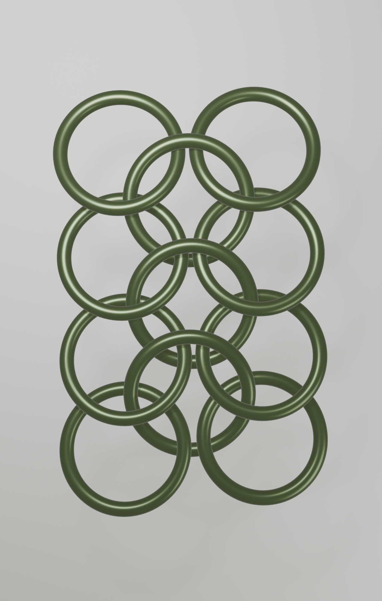 A finished row of three European 4-in-1 units, eleven sage rings interlocked in a chain