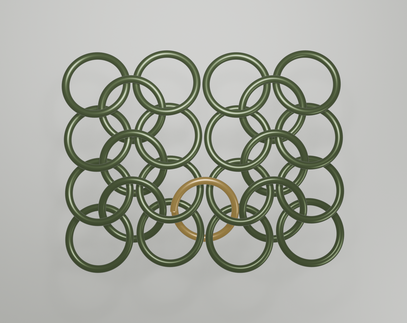 Two rows of European 4-in-1 linked at their starting ends by a single gold connector ring